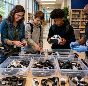 Students, a teacher, and a recycling technician sorting old wearables and XR devices at a school.