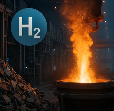 molten steel pouring in a modern furnace with scrap metal and hydrogen glow.
