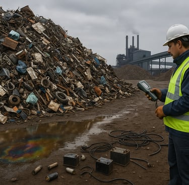 Contaminated scrap pile with plastics and oily runoff at a recycling yard.