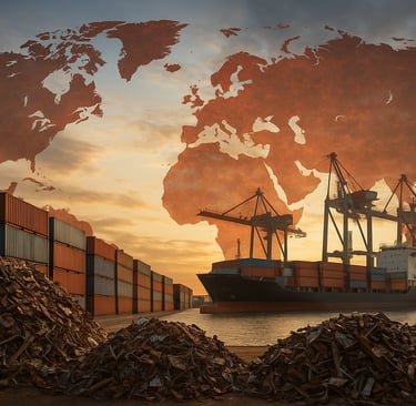 Scrap piles and cargo ship with world-map overlay