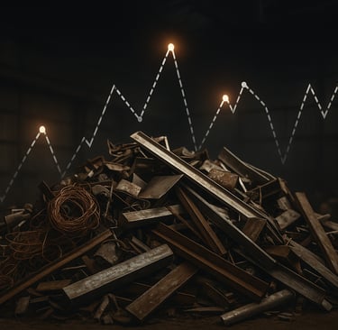 Scrap metal pile with line-graph overlay depicting price volatility.