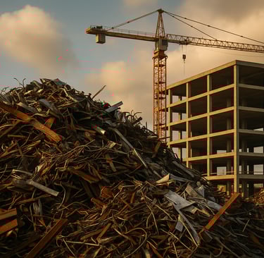 Scrap metal pile near a concrete building under construction at sunset.