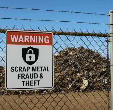 Secured scrap metal yard with fence, barbed wire, and metal piles under blue sky.