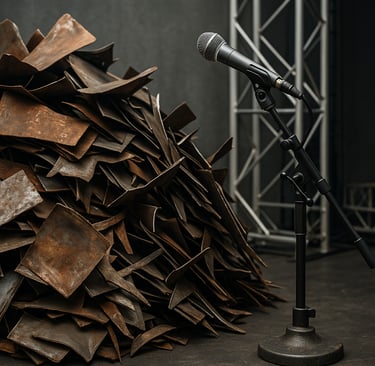 Scrap metal pile beside a microphone stand on a stage.