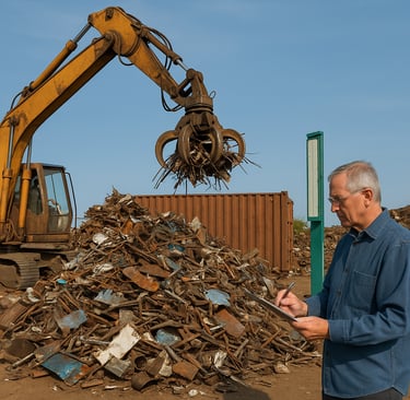 Scrap yard with excavator lifting metal and man taking notes.