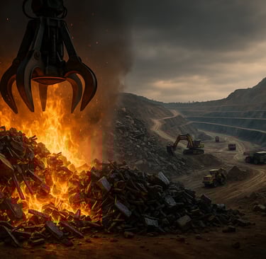 Molten scrap and mining machinery under a dramatic sky.