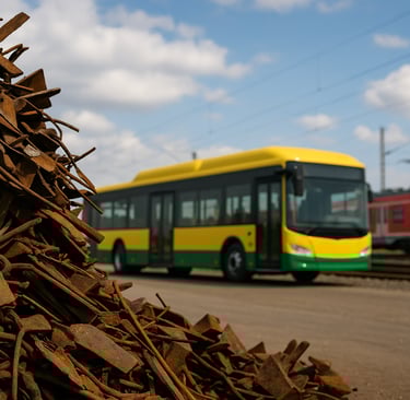 Scrap metal pile with electric bus and commuter train in the background.