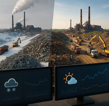 Control room view of scrap yard in winter and summer showing seasonal yard activity.