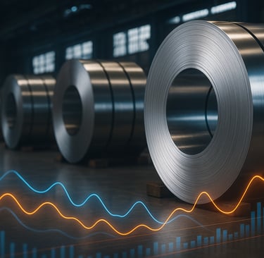 Stainless steel coils in a warehouse with glowing abstract pricing graphs in the foreground.