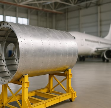 Recycled aluminum fuselage in aircraft hangar