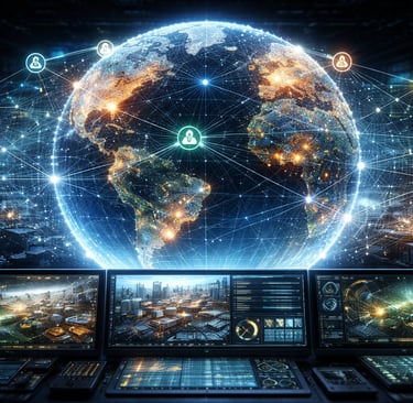 Connected digital globe with global ESG data networks and analytics dashboards in a control room.