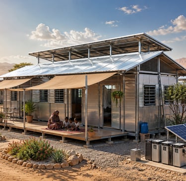 Passive metal shelter with reflective roof, shaded vents, and solar power in a hot relocation site.