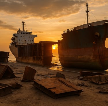 Dismantled ships on a beachside yard at sunset with rusted metal parts on the sand.
