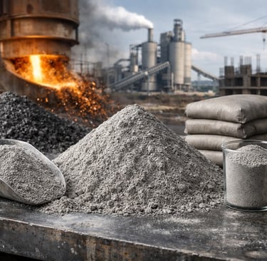 GGBS powder with a scoop and sample jar, with a steel plant and cement facility in the background.