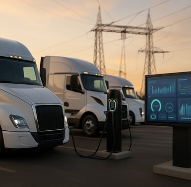 Electric trucks charging at a yard depot with smart chargers and grid infrastructure.