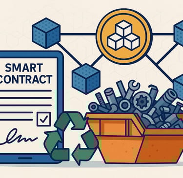 Smart contract on tablet with recycling symbol, scrap metal container, and blockchain nodes