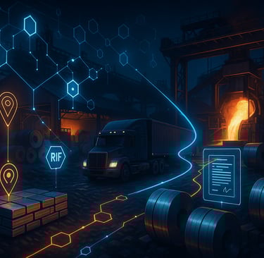 Blockchain-powered metals supply chain with digital links and steel coils near a furnace.