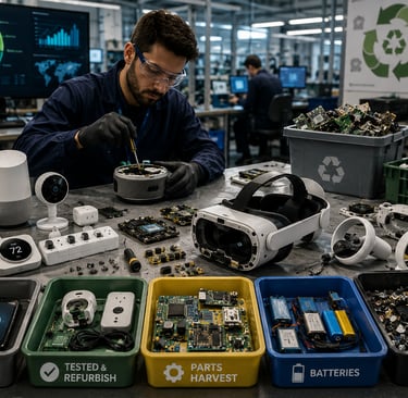 Technician sorting smart home devices, batteries, circuit boards, sensors, an XR headset for repair
