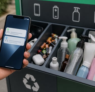 Hand holding smartphone beside take-back bin with electronics and containers.