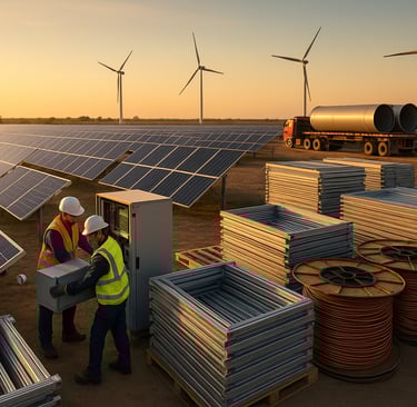 Workers repowering solar panels with wind turbines in the background.