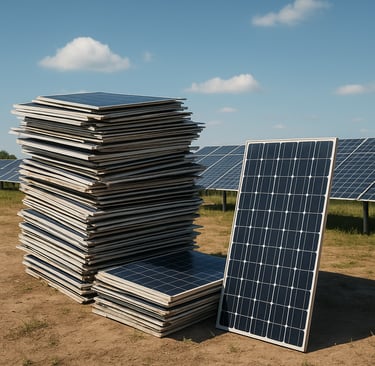 Stack of old solar panels beside active solar farm under a clear sky. 