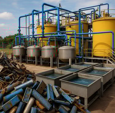 Industrial cobalt recycling plant with yellow tanks, blue pipes, and scrap batteries in front.