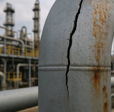 Close-up of a cracked, corroded steel pipe in an industrial setting.