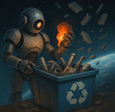 Robot recycling metal in space with Earth and debris in the background.