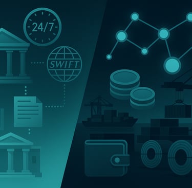 Split image showing fiat banking vs. blockchain stablecoin trade in teal tones.