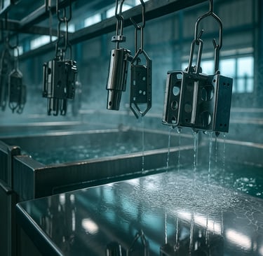 Stainless passivation line with metal parts dripping over acid baths in an industrial plant.