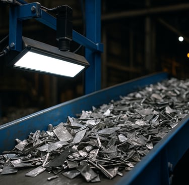 Computer vision system scanning stainless steel scrap on a conveyor belt.