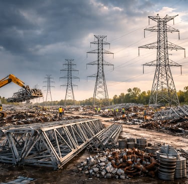 Storm-damaged transmission tower recovery yard with salvaged steel sections.
