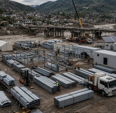 flood recovery staging area with reusable steel, aluminum panels, trucks, modular shelters, cranes