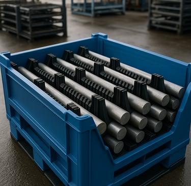 Reusable blue industrial crate holding organized metal bars in a modern metals yard.