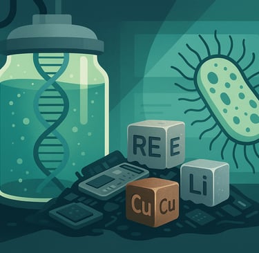 Futuristic lab with bioreactor, DNA strand, e-waste, metal cubes (Cu, Li, REE), and a bacterium symb