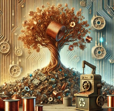 A conceptual illustration of sustainable copper recycling featuring a giant copper tree growing