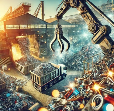 An industrial scrapyard filled with towering piles of scrap metal, including aluminum, steel, and co