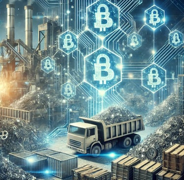 a truck with metal scrap with bitcoin and bitcoin symbols on it