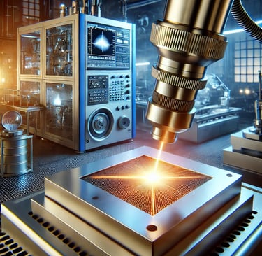 A high-tech LIBS device analyzing a metal sample, with a laser beam creating plasma emission. 