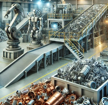 High-tech metal recycling facility with robotic sorting, conveyor belts, and piles of recycled ferro