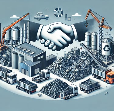 An industrial setting featuring neatly organized piles of scrap metal, recycling facilities, and a h