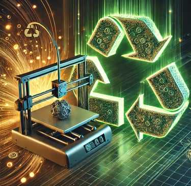 A symbolic representation of sustainable 3D printing using scrap metal, featuring a recycling symbol
