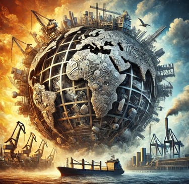 A conceptual metallic globe made of interwoven scrap metal pieces, symbolizing global scrap metal