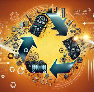 Illustration depicting the circular economy concept through dynamic recycling symbols, metal compone