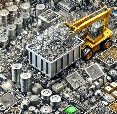Industrial recycling scene showcasing high-value scrap materials such as palladium, neodymium, lithi