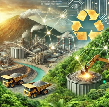 A sustainable precious metals supply chain featuring an eco-friendly mining site with lush greenery,