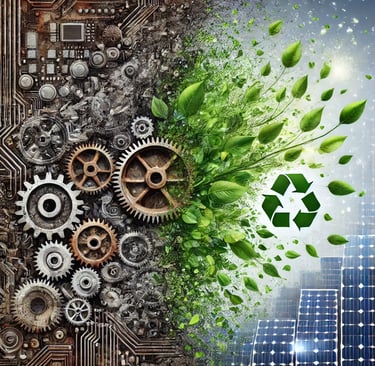An artistic illustration symbolizing the recycling of legacy materials, showing a transition from rusted industrial waste, ge