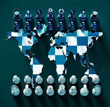  A stylized world map designed as a chessboard, with dark and light chess pieces strategically posit