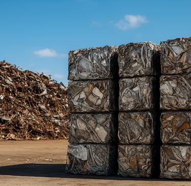 Stacked compressed metal bales in a recycling yard with large piles of scrap metal in the background