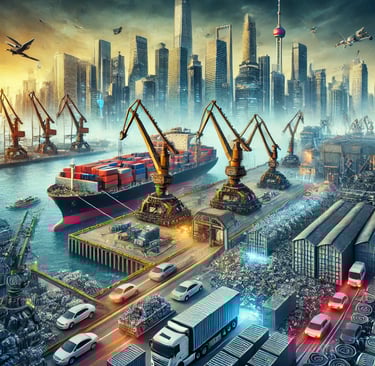 A busy industrial port showcasing the Asia-Pacific scrap metal industry, with cargo ships, towering 